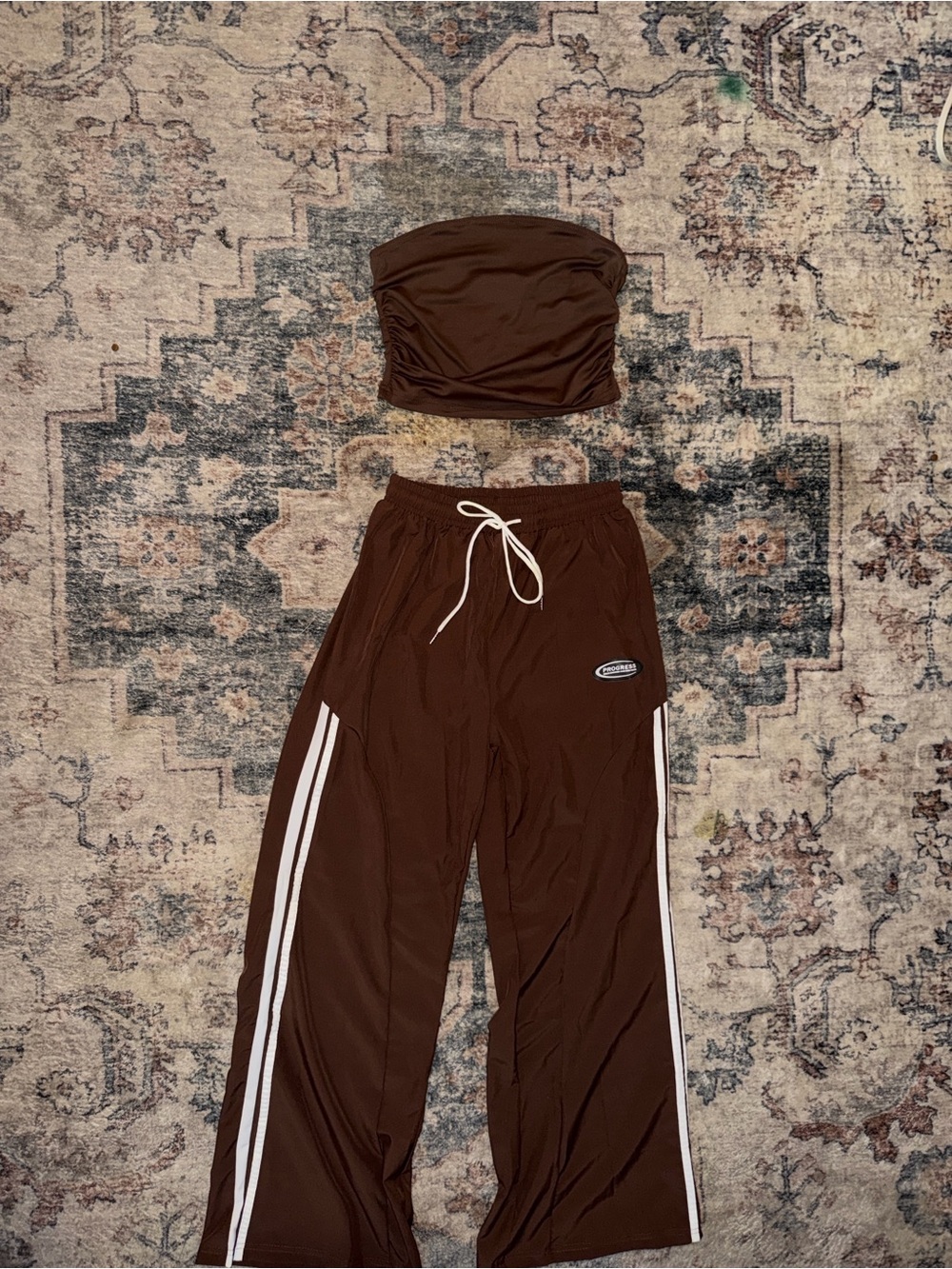 Brown Women's Jogger Pants with White Side Stripes